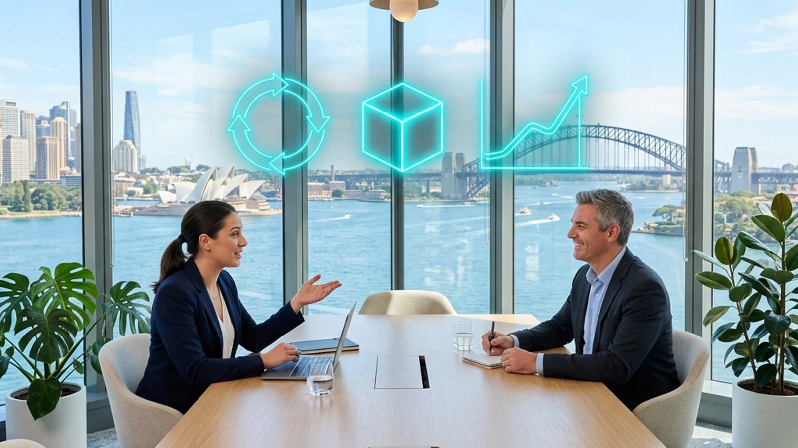 Sydney meeting room at dusk with three glowing neon holographic structures representing three agency pricing models