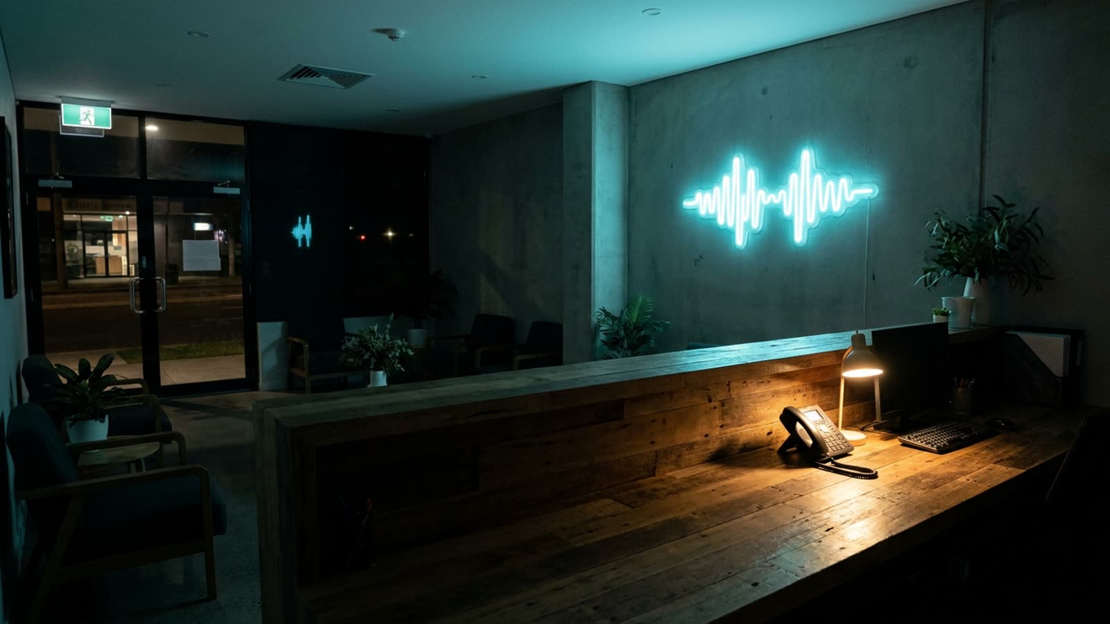 Empty after-hours reception desk with a glowing neon soundwave answering a call beside a translucent outline of an empty chair