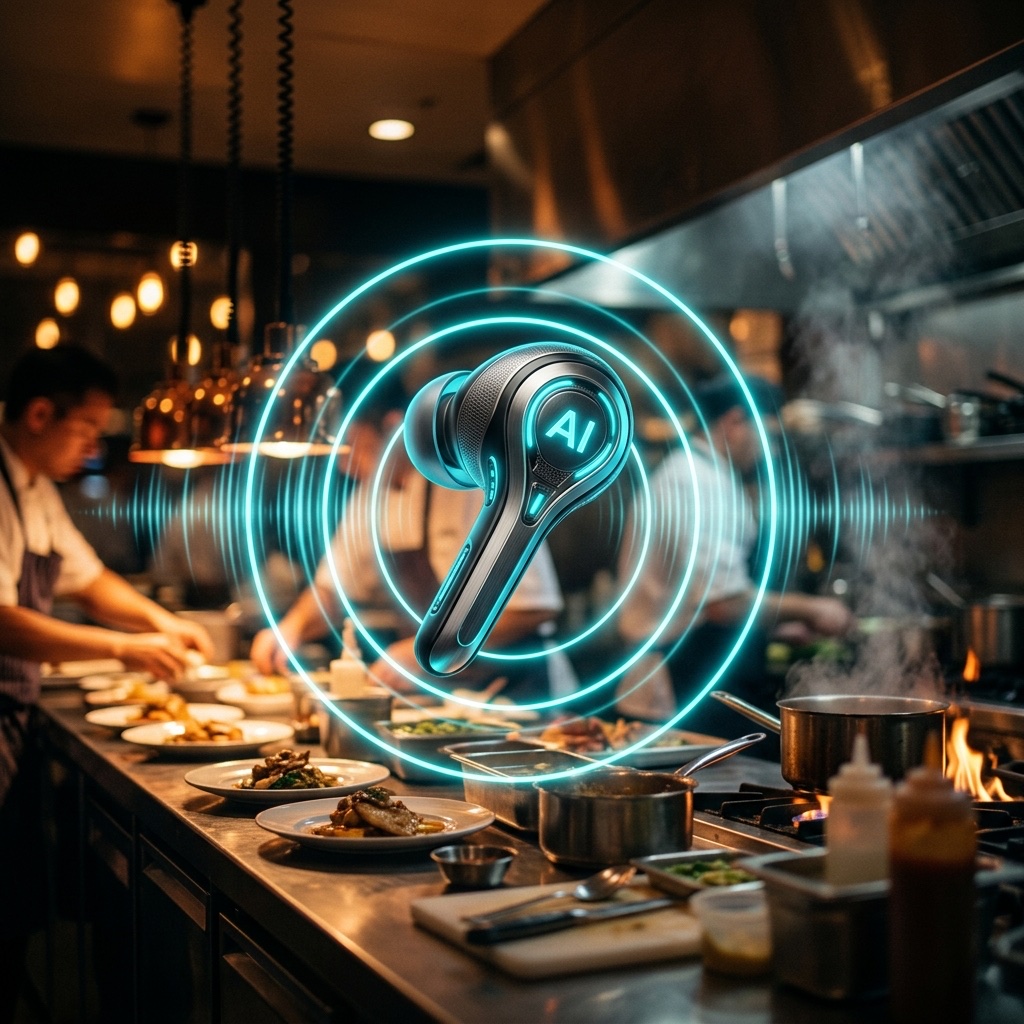 AI receptionist headset glowing on a busy restaurant pass - 24/7 voice agent