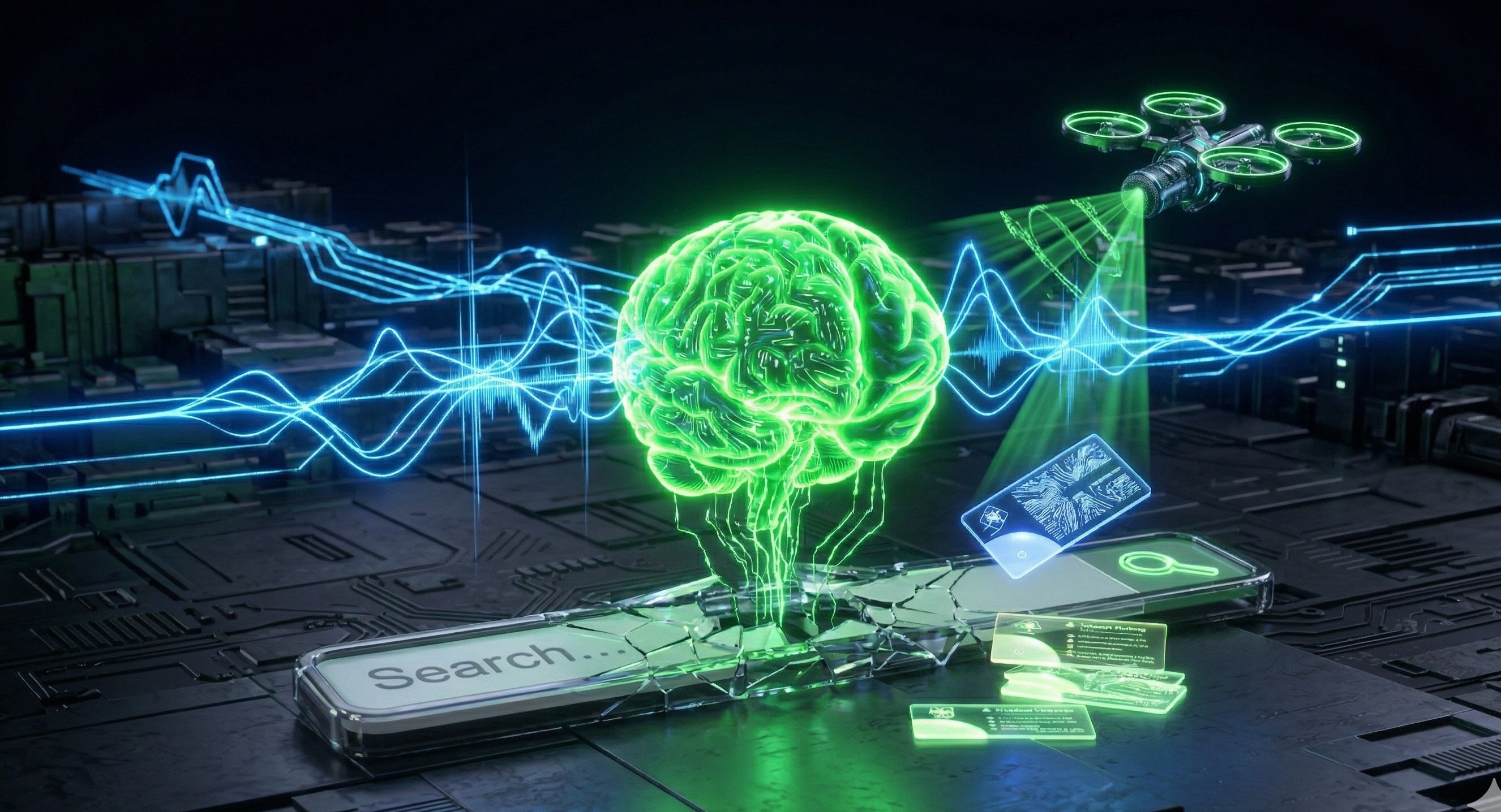 AI brain emerging from shattered search bar