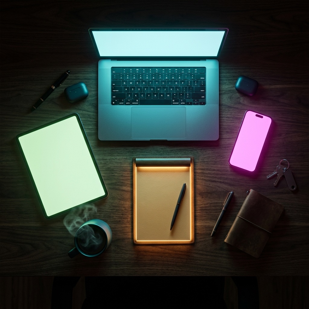 AI tool stack for small business owners - desk with phone, laptop, dashboard