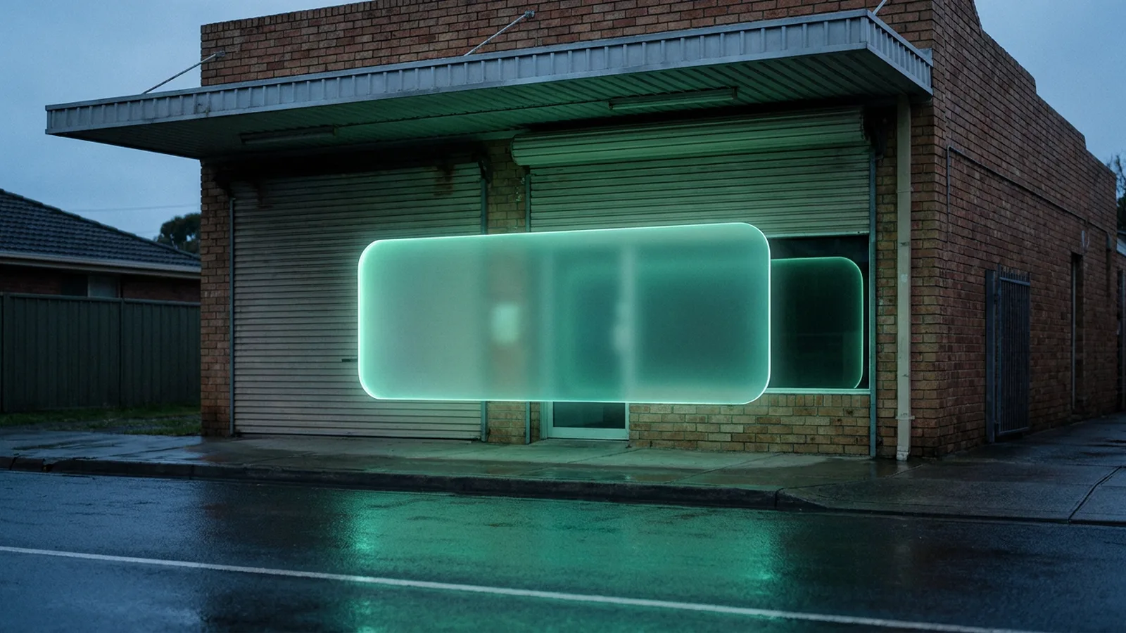 An Australian suburban corner shopfront at dusk with a large blank glowing teal panel floating in front of it, reflected in the wet road