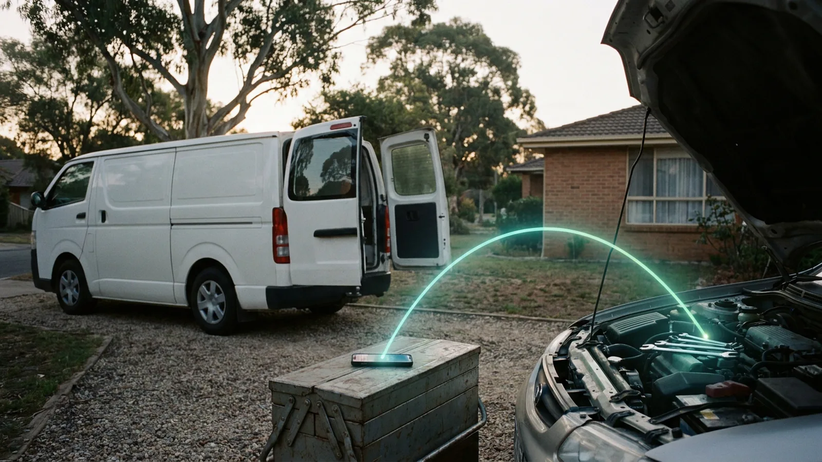 A mobile mechanic's van and an open car bonnet in an Australian suburban driveway at dawn, with a glowing teal signal arc rising from a phone on a toolbox