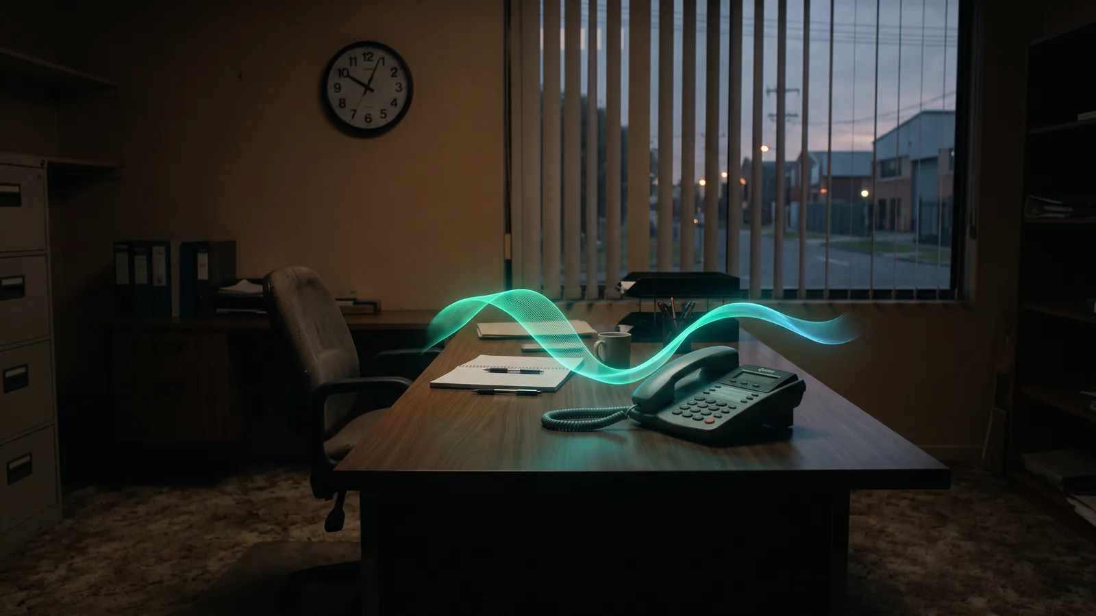 An empty small-business office at dusk with a desk phone ringing and a single glowing teal soundwave rising from the handset
