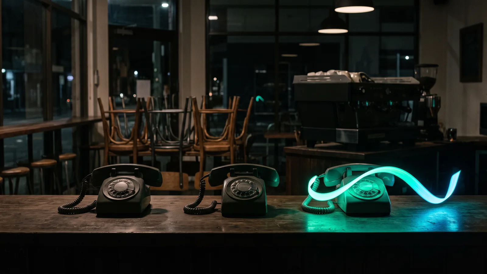 Three desk telephones in a row on a dark timber counter in a closed cafe, with only the right-hand phone lit by a glowing teal soundwave