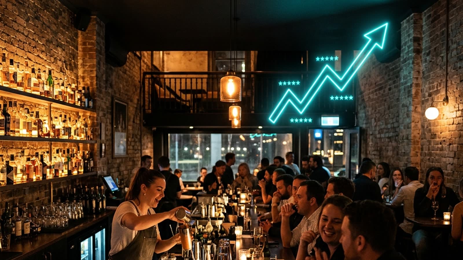 Sydney bar at night with a glowing neon engagement graph rising over the crowd
