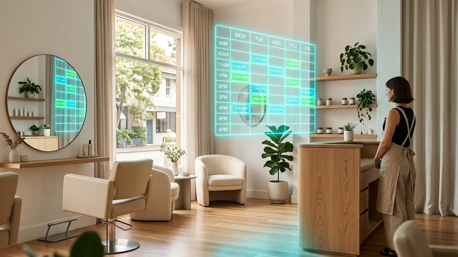 Modern Sydney salon interior with a glowing neon appointment calendar filling up