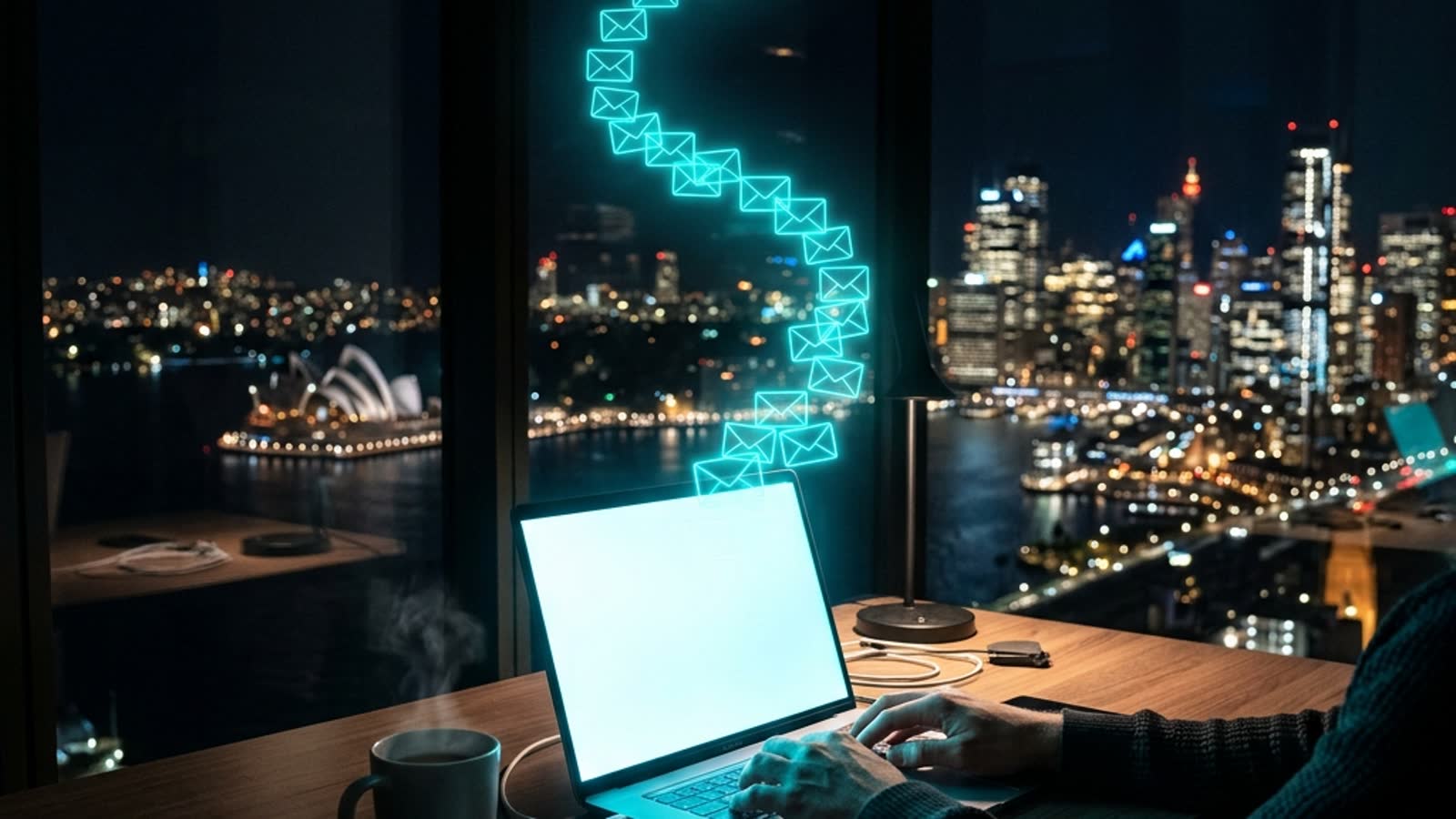 Laptop with a glowing neon pipeline of emails flowing through a funnel into converted nodes