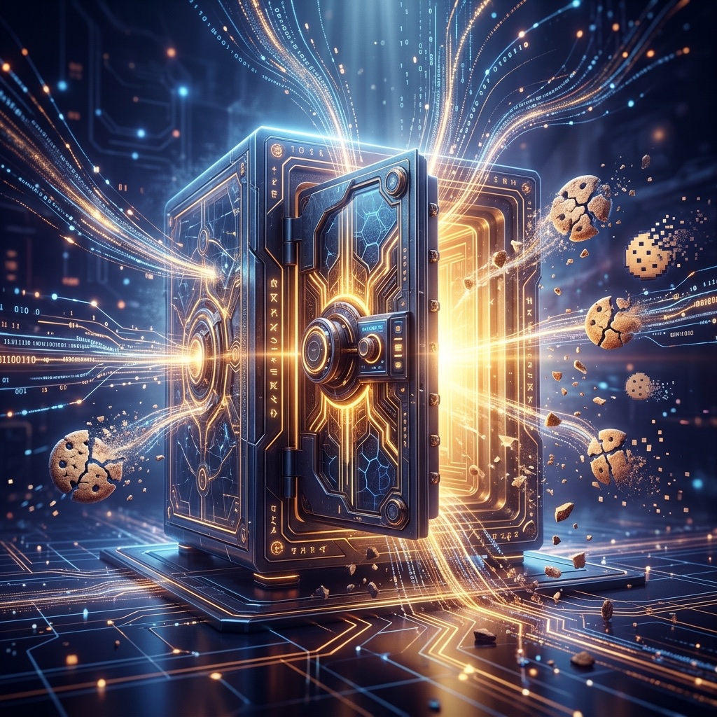 Cookieless marketing concept - first-party data flowing into a secure vault