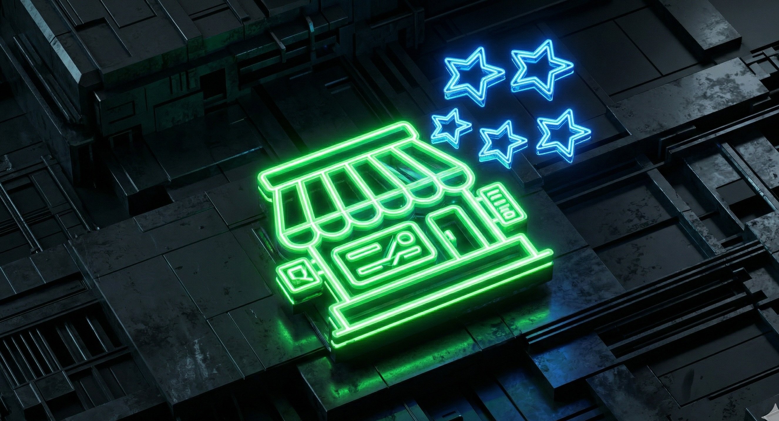 Neon storefront with review stars - Google Business Profile