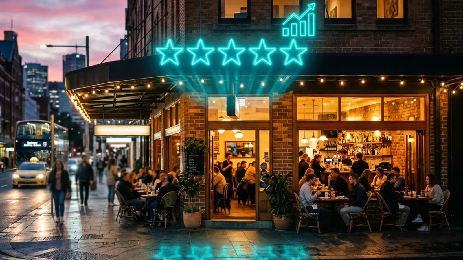 Sydney cafe storefront with glowing neon five-star ratings and a rising reputation graph