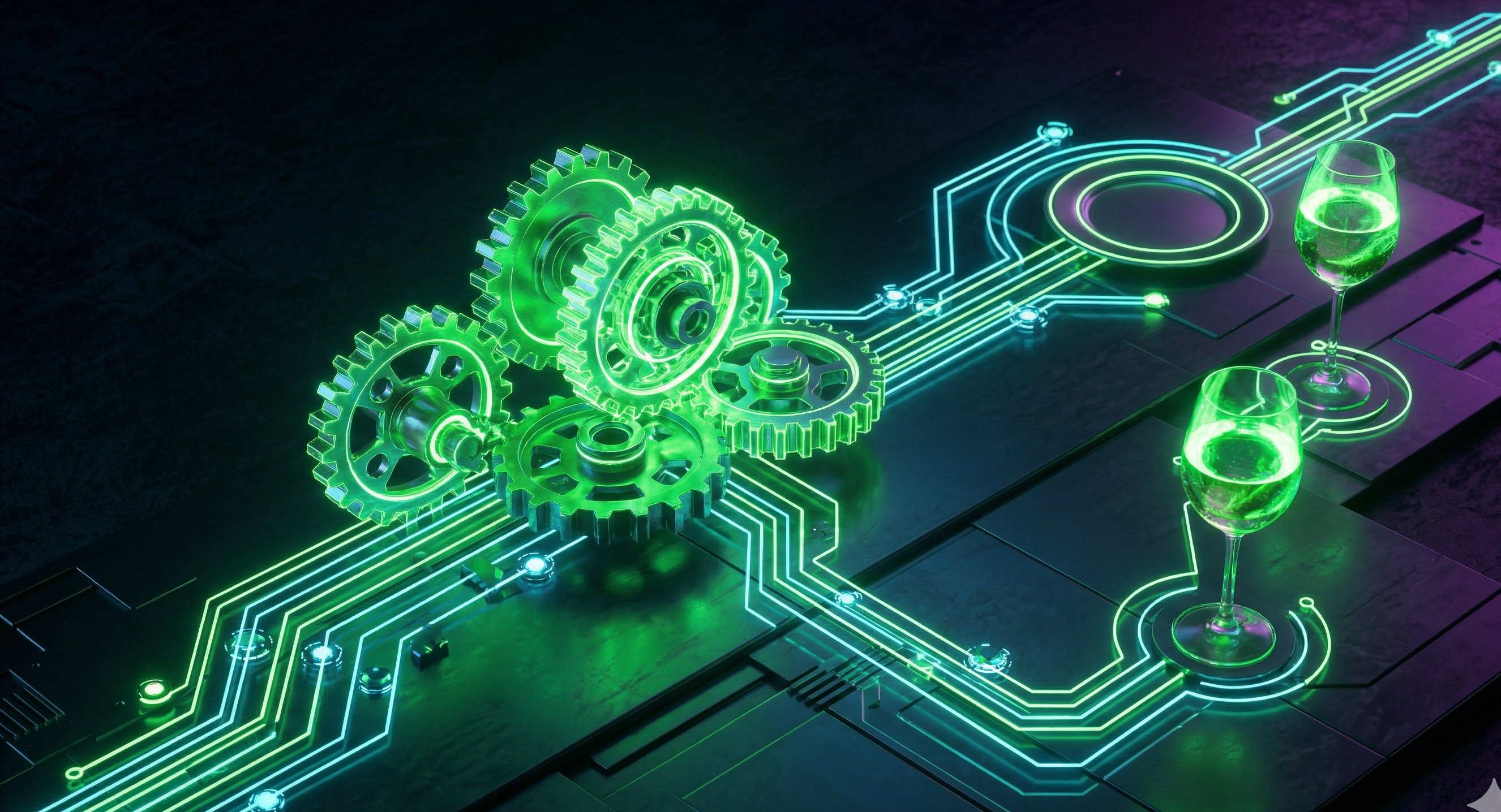 Cyberpunk gears with wine glass - Marketing automation for hospitality