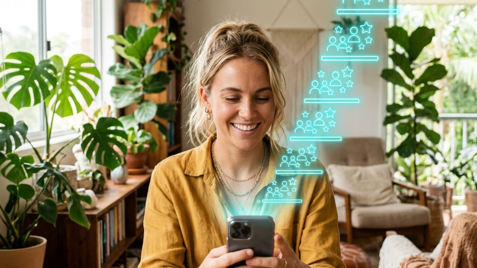 Australian creator filming at home with a glowing neon tiered ladder of follower-cluster icons rising beside her