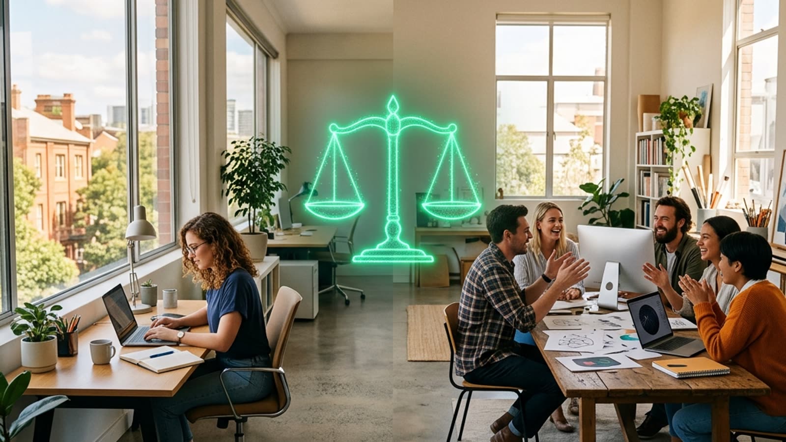 Split scene of a lone marketer and a small agency team with a glowing neon balance scale between them