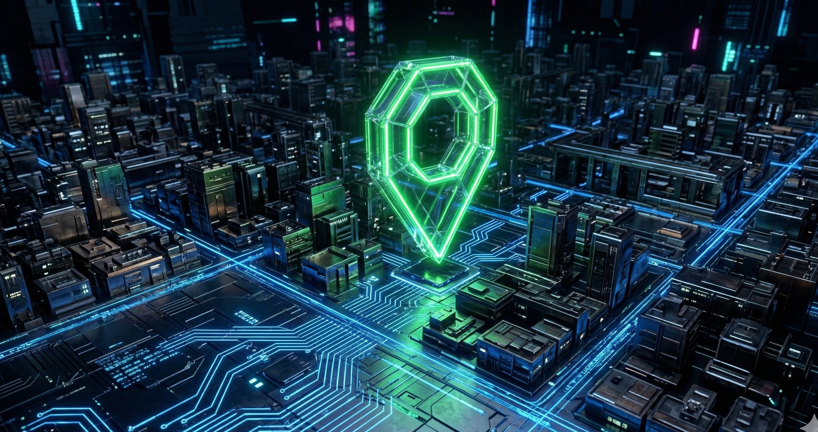 Neon map pin over cyberpunk city - Local SEO