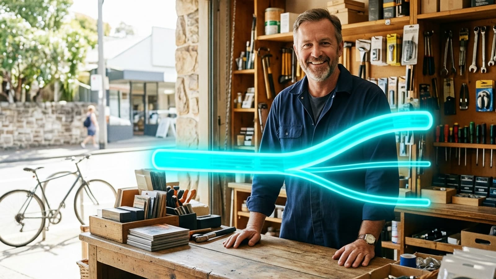 Australian shop owner at the counter with a glowing neon stream splitting into three unequal channels