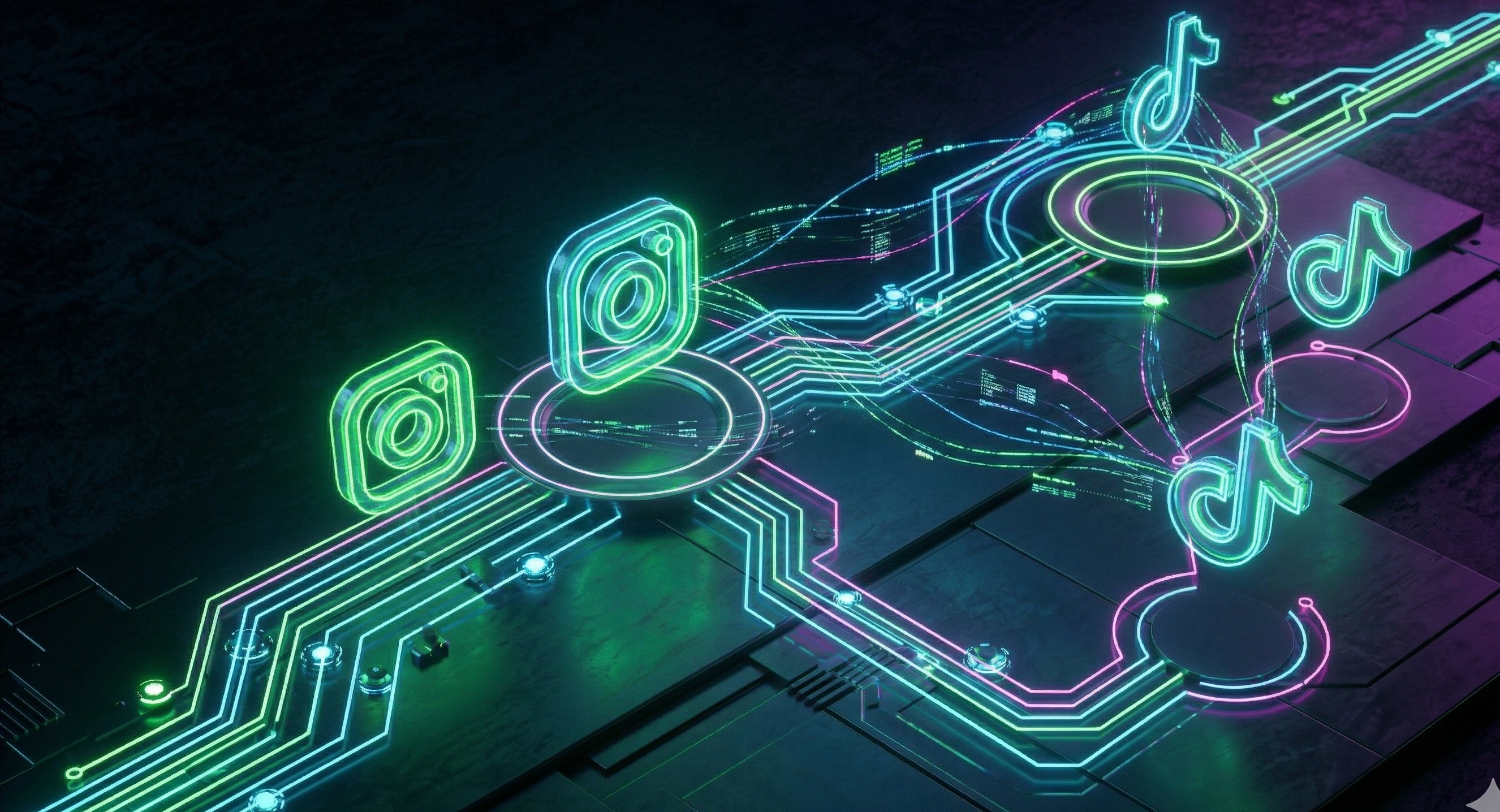 Social media icons in neon cyberpunk style