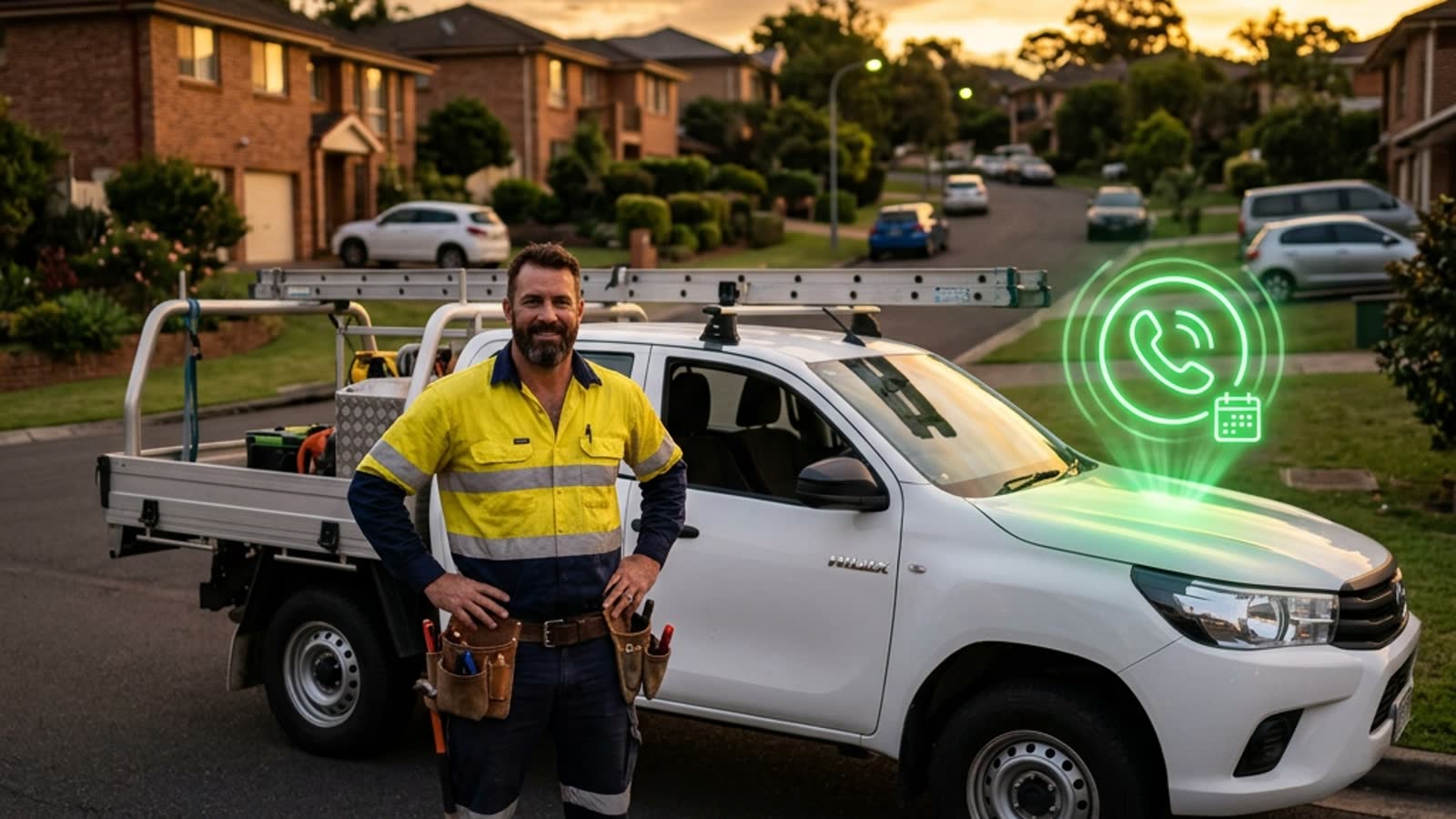Sydney tradesman by his ute with a glowing neon incoming-call and booking calendar