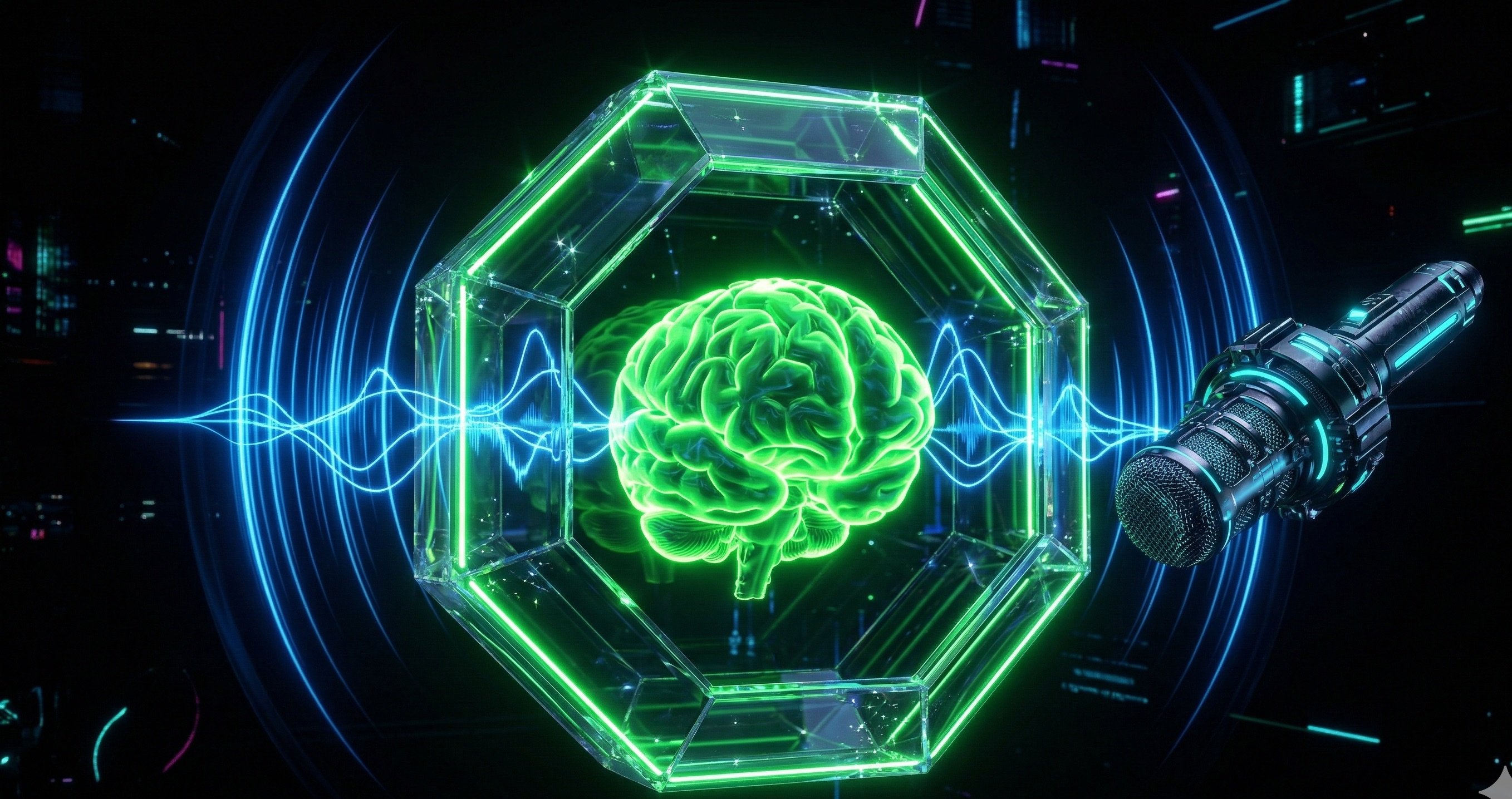Cyberpunk brain with sound waves - Voice AI technology