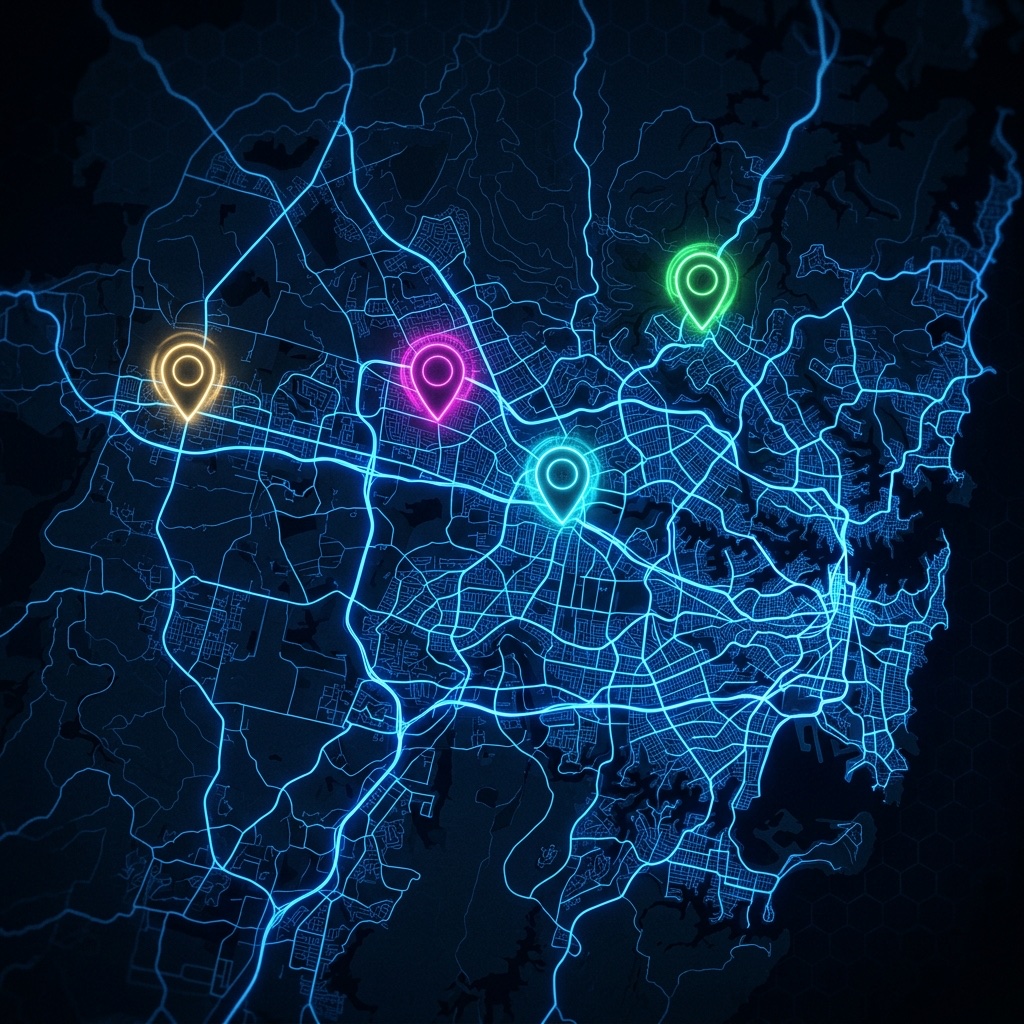 Western Sydney local SEO map with pins on Parramatta, Blacktown, Penrith and the Hills