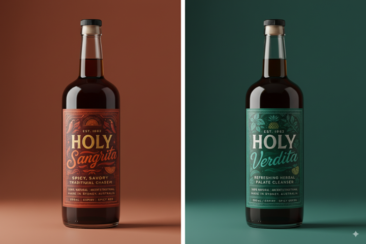 Holy Sangrita and Verdita product launch — packaging design by K&G Marketing Sydney