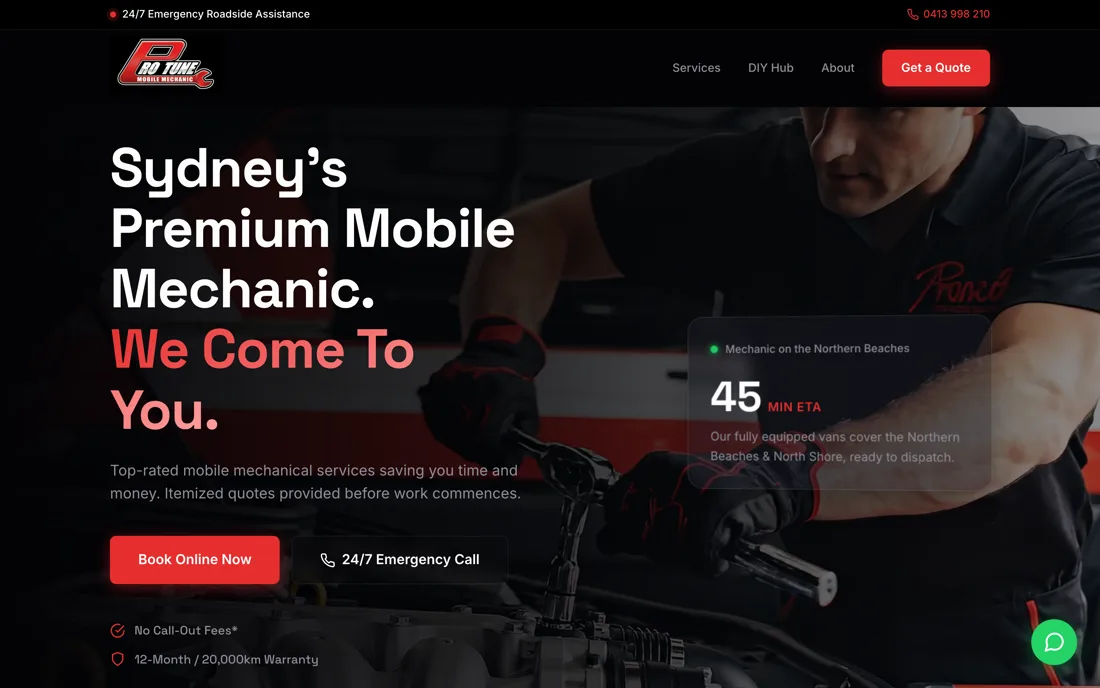 Pro Tune Mobile Mechanic — automotive service website built by K&G