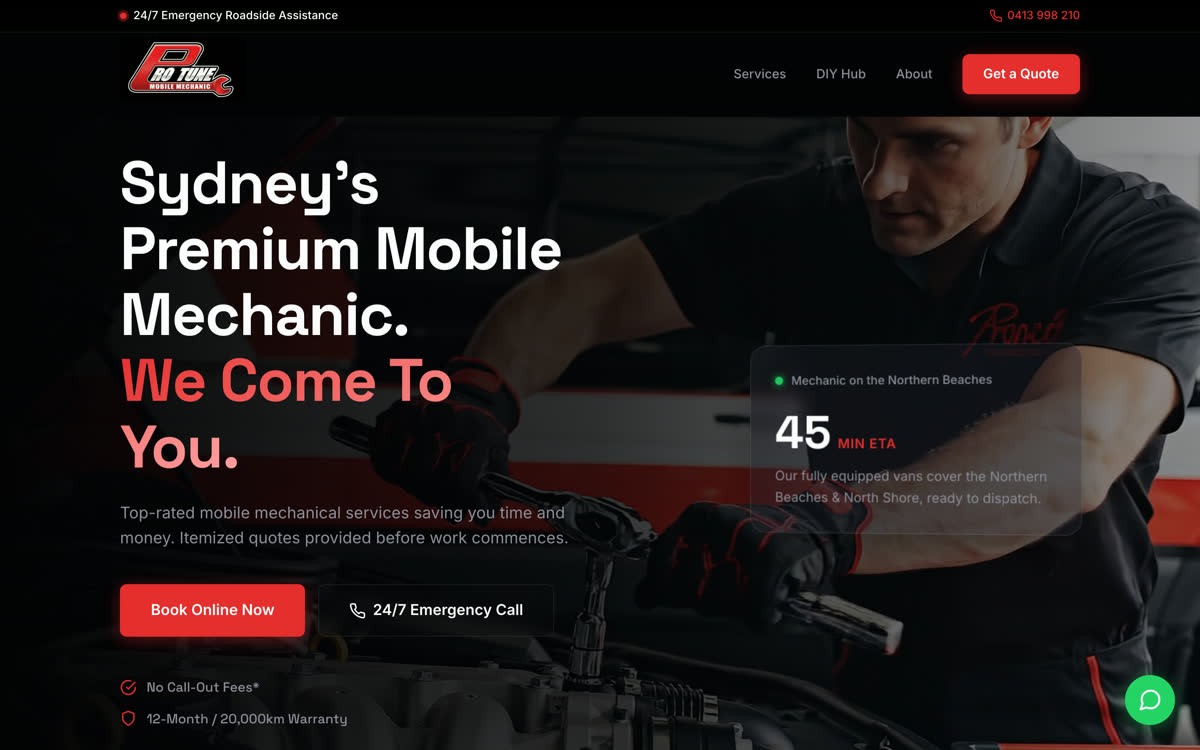 Pro Tune Mobile Mechanic — automotive service website design by K&G Marketing Sydney